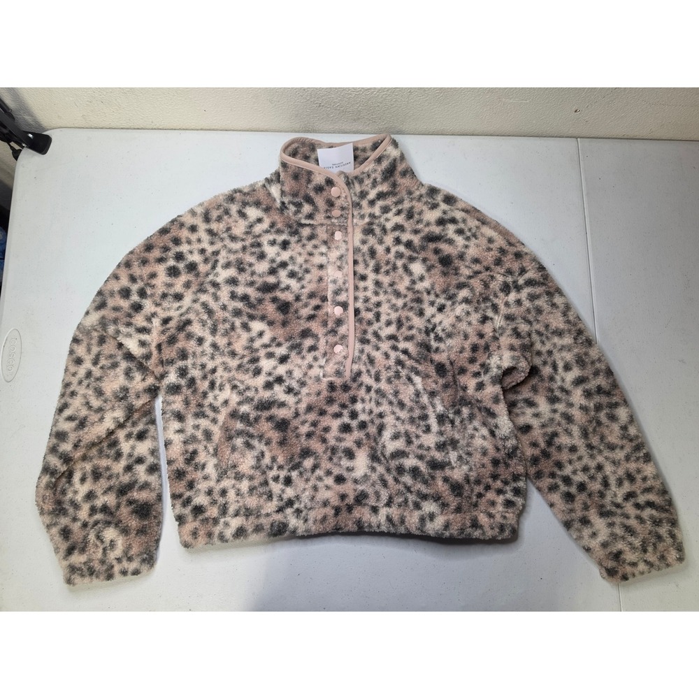 American Eagle Leopard Print Sherpa Fleece Snap Pullover Mock Neck Small
